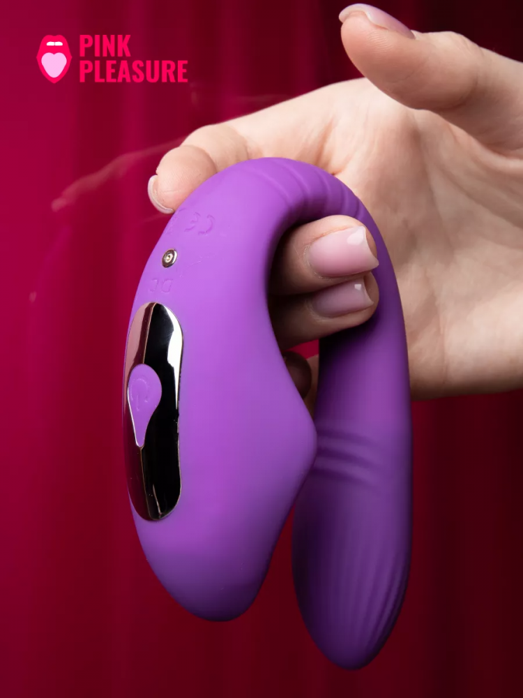 Вибратор для двоих с вакуумным стимулятором "Pink Pleasure" на дистанционном управлении, фиолетовый 
